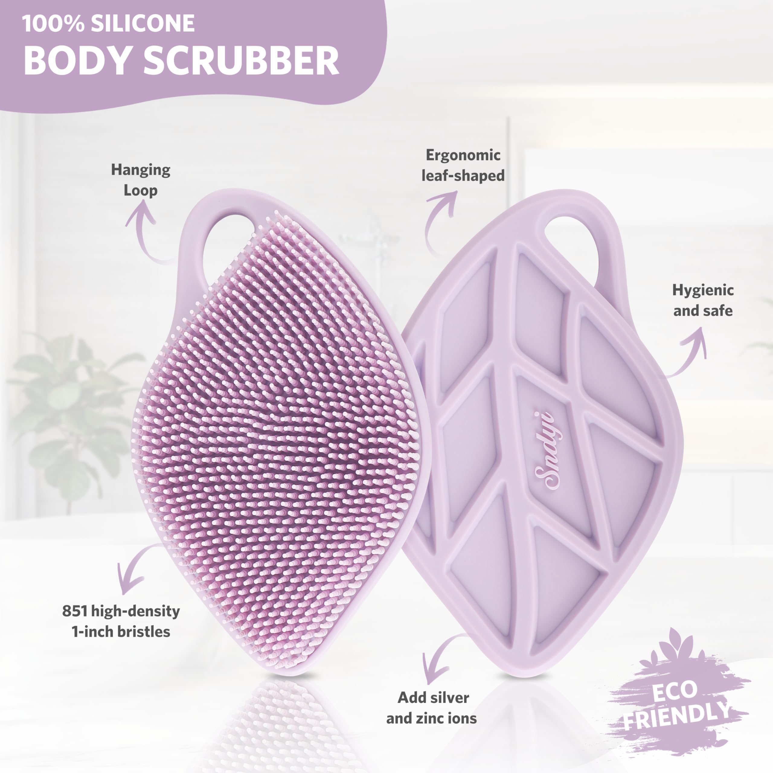 Sndyi silicone body scrubber closeup shows high-density bristles for thorough yet gentle exfoliation