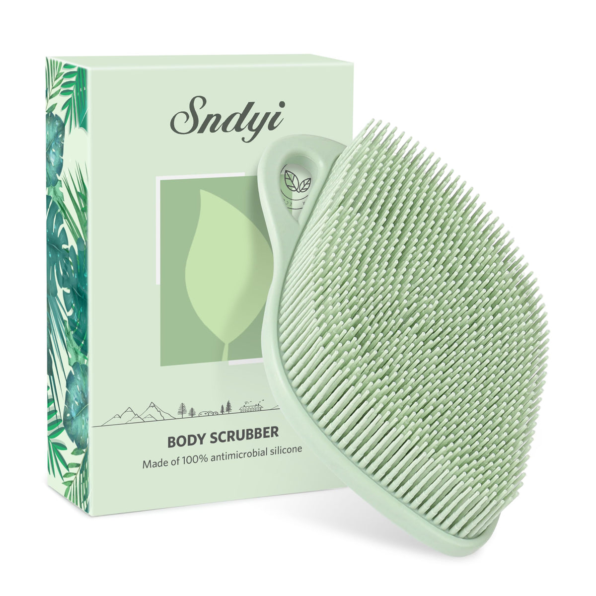 Sndyi silicone body scrubber leaf design with ergonomic grip for easy cleansing.