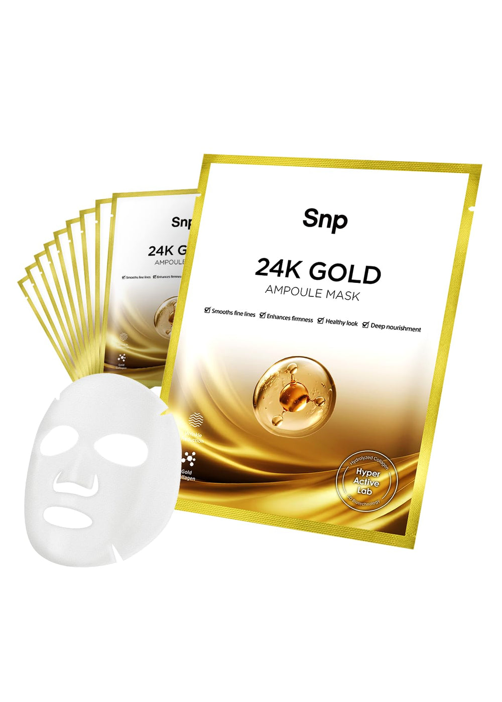 SNP 1000mg Collagen 24K Gold Ampoule Sheet Mask packaging signals premium hydration.