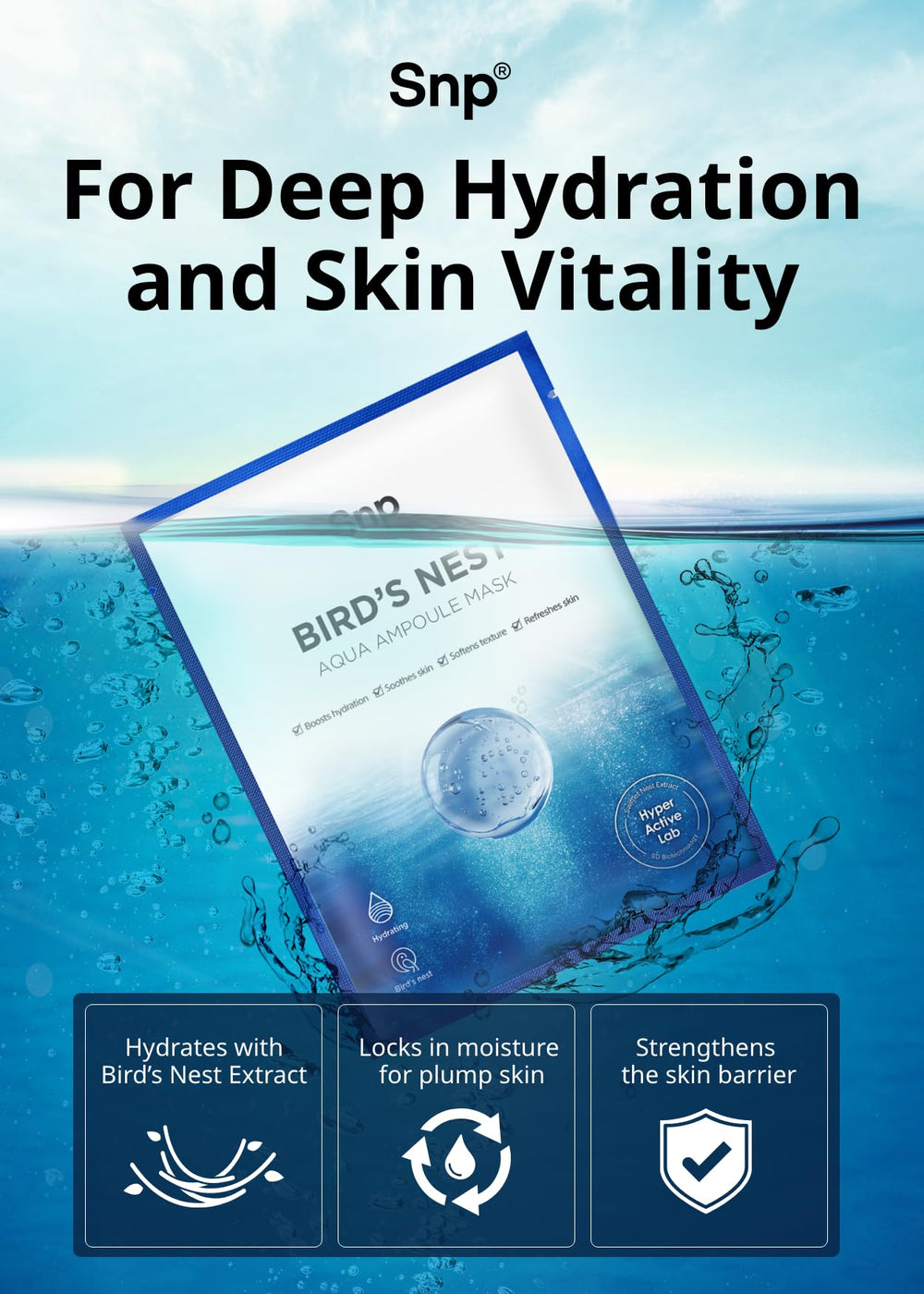 SNP Bird's Nest ampoule sheet mask hydration boost for plump skin.