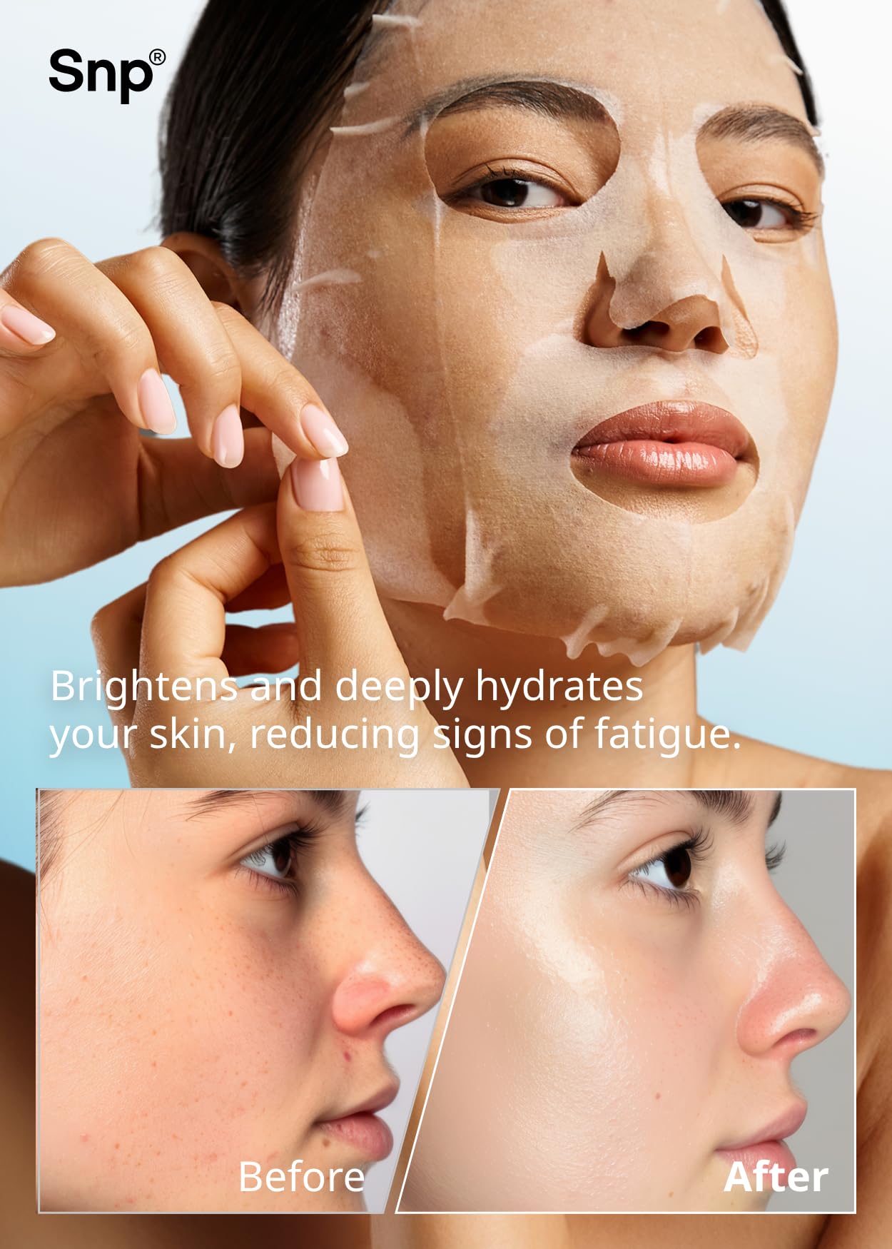 SNP Hyaluronic Acid ampoule sheet mask droplets emphasize deep hydration.