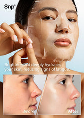 SNP Hyaluronic Acid ampoule sheet mask droplets emphasize deep hydration.