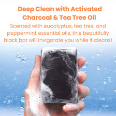 Soak Street Real American Soap charcoal tea tree bar close up highlighting deep cleanse benefits