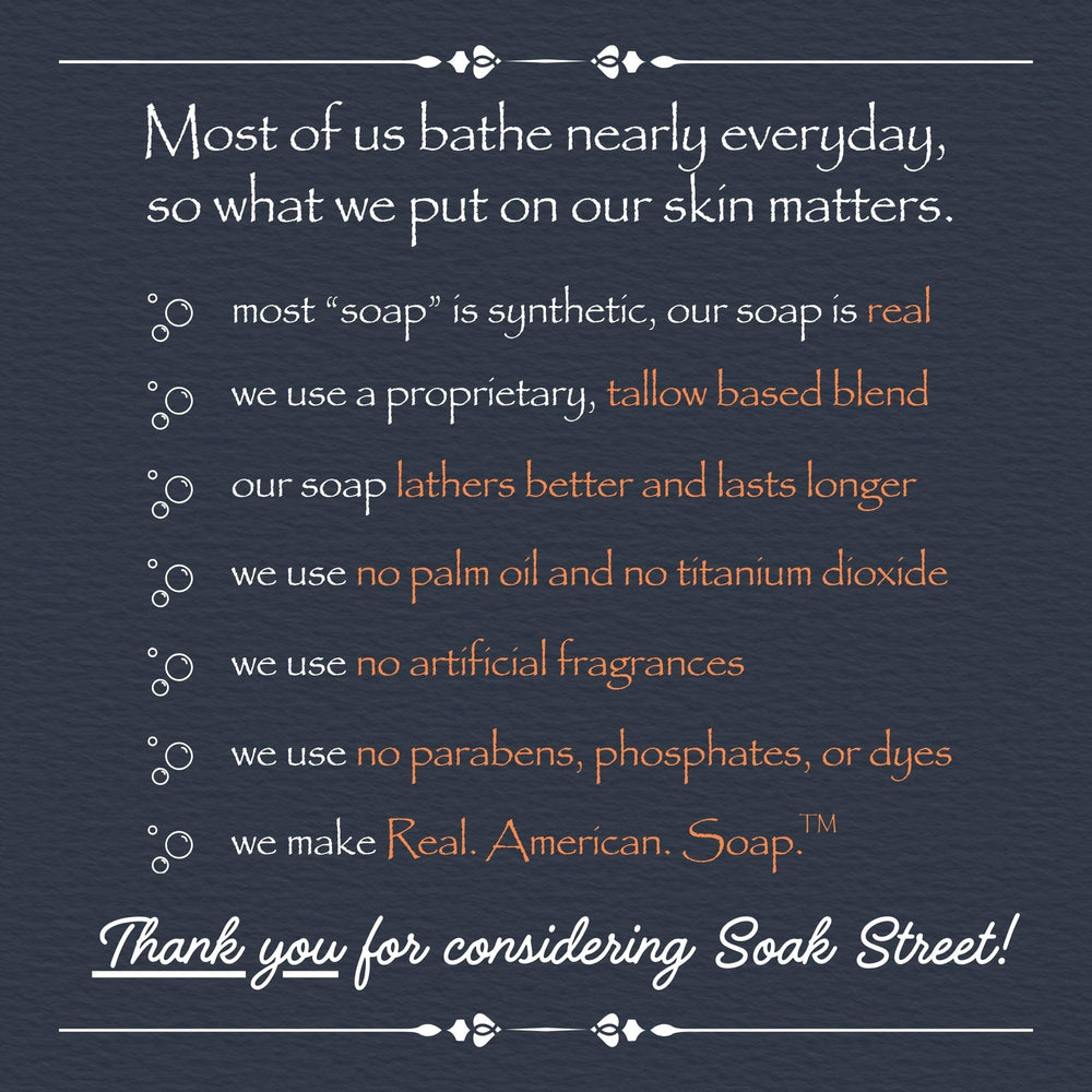 Soak Street Real American Soap soap swatches demonstrating natural oils