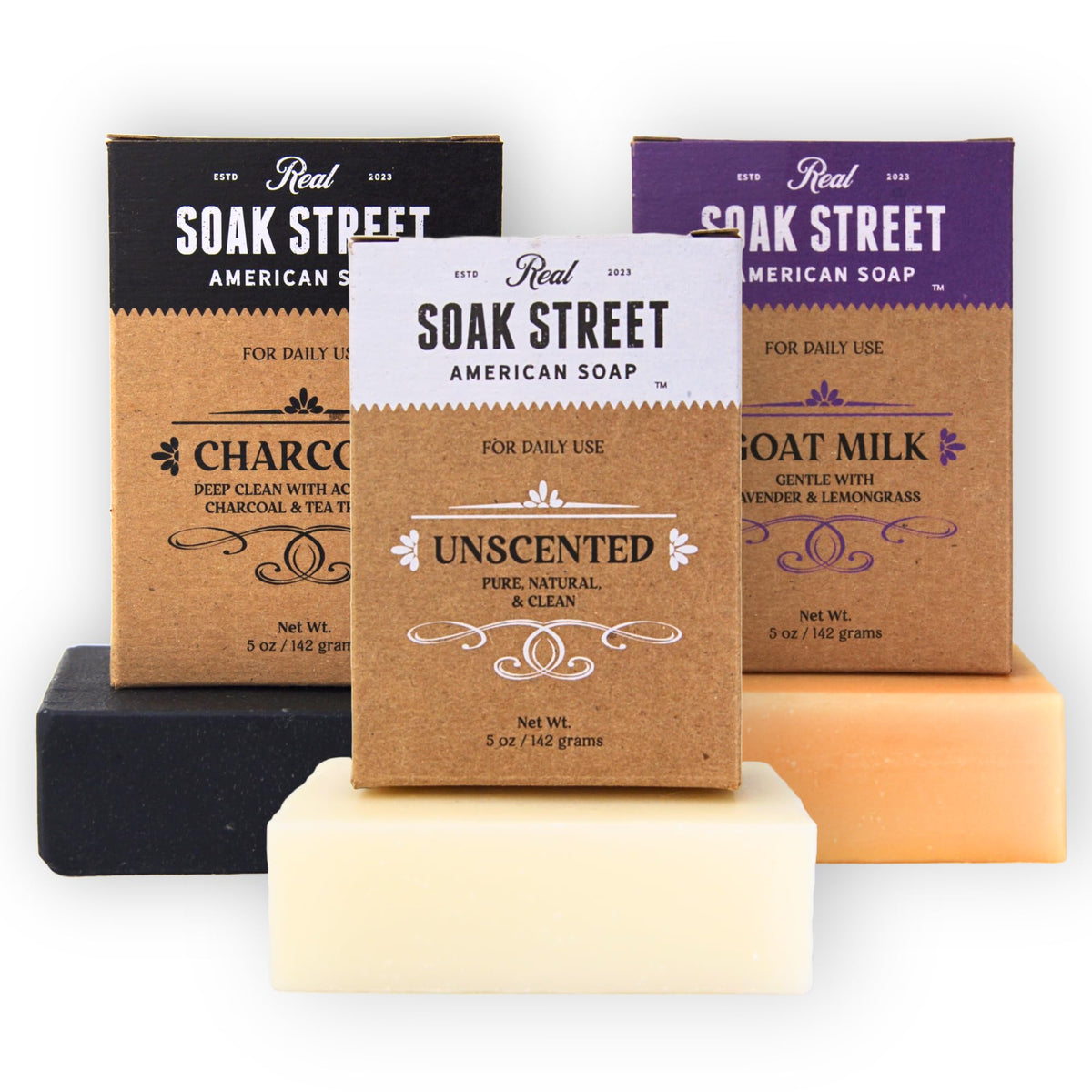 Soak Street Real American Soap unscented original bar close up for gentle everyday cleansing