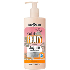 Soap & Glory Call of Fruity bottle pour shows rich cocoa butter for deep hydration
