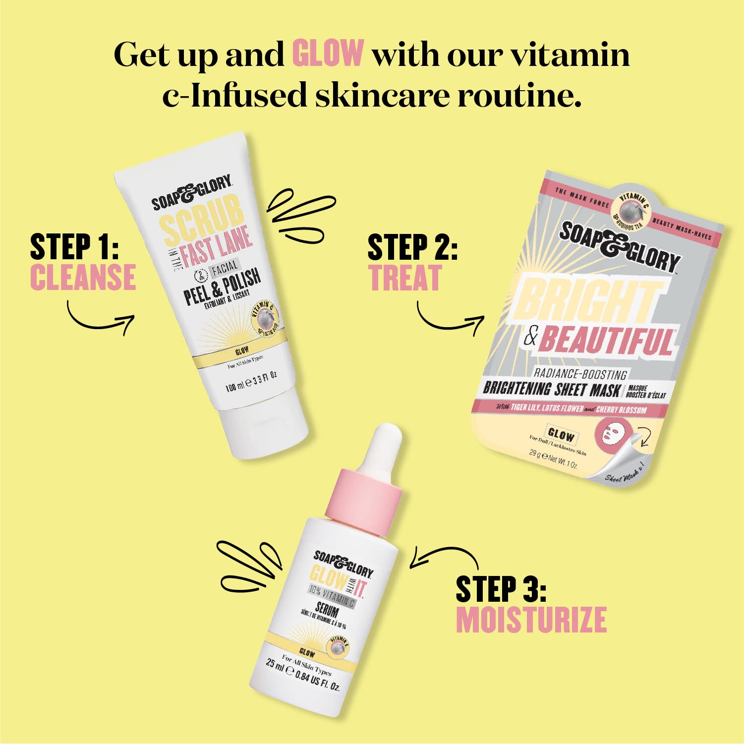 Soap & Glory Glow Tonic glycolic acid image emphasizes gentle exfoliation and glow