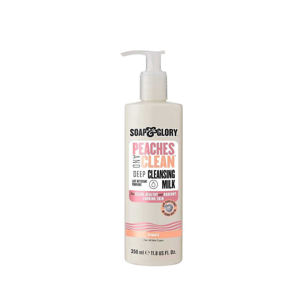 Soap & Glory Peaches Cleanser bottle-pump for quick makeup removal.