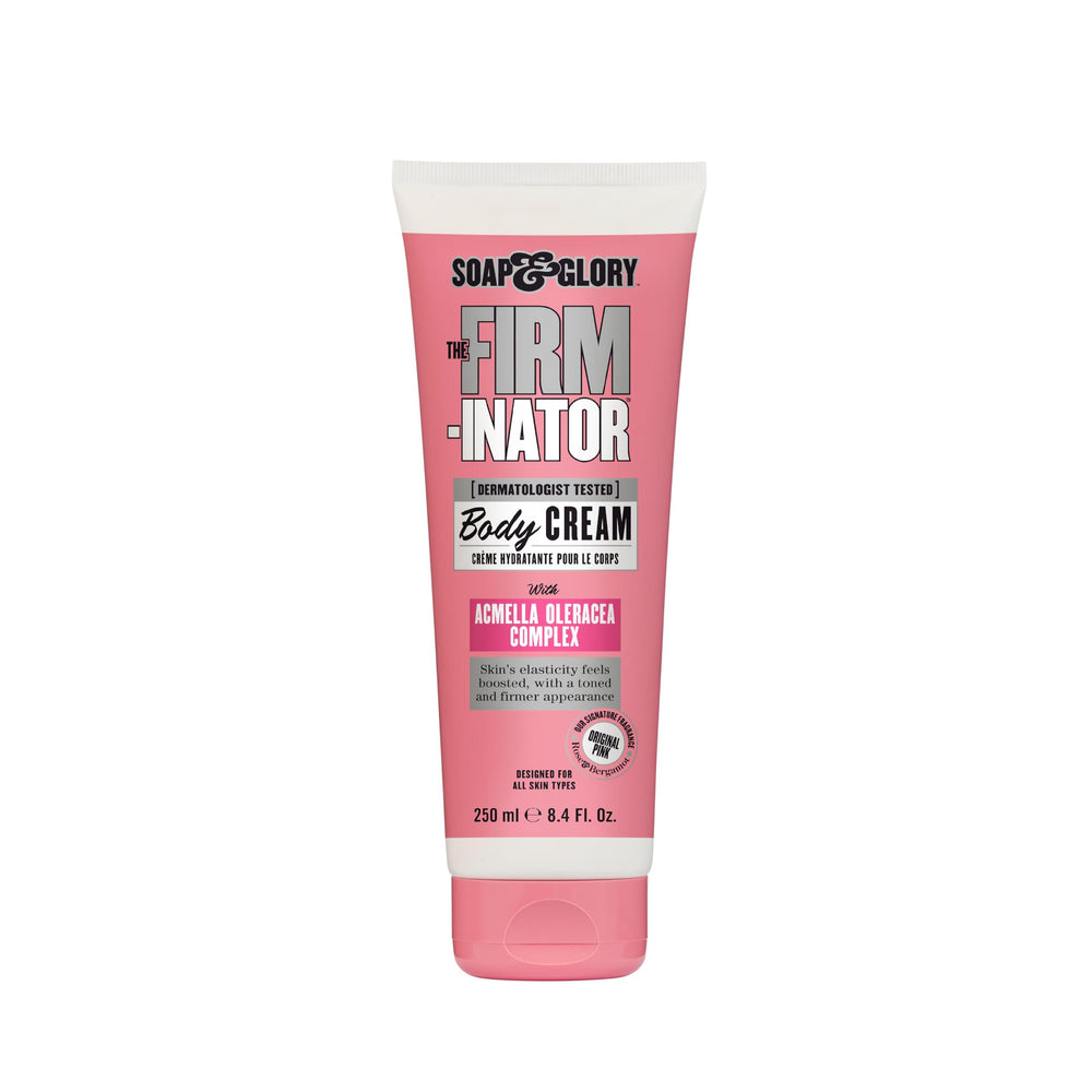 Soap & Glory The Firm-inator bottle closeup highlighting firming action.