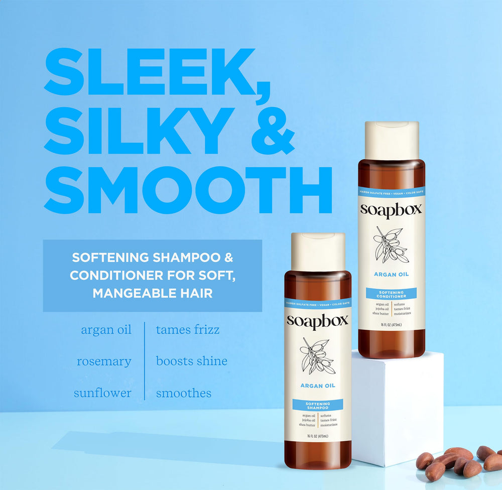 Soapbox Argan Conditioner bottle highlights deep conditioning for smooth, manageable hair.