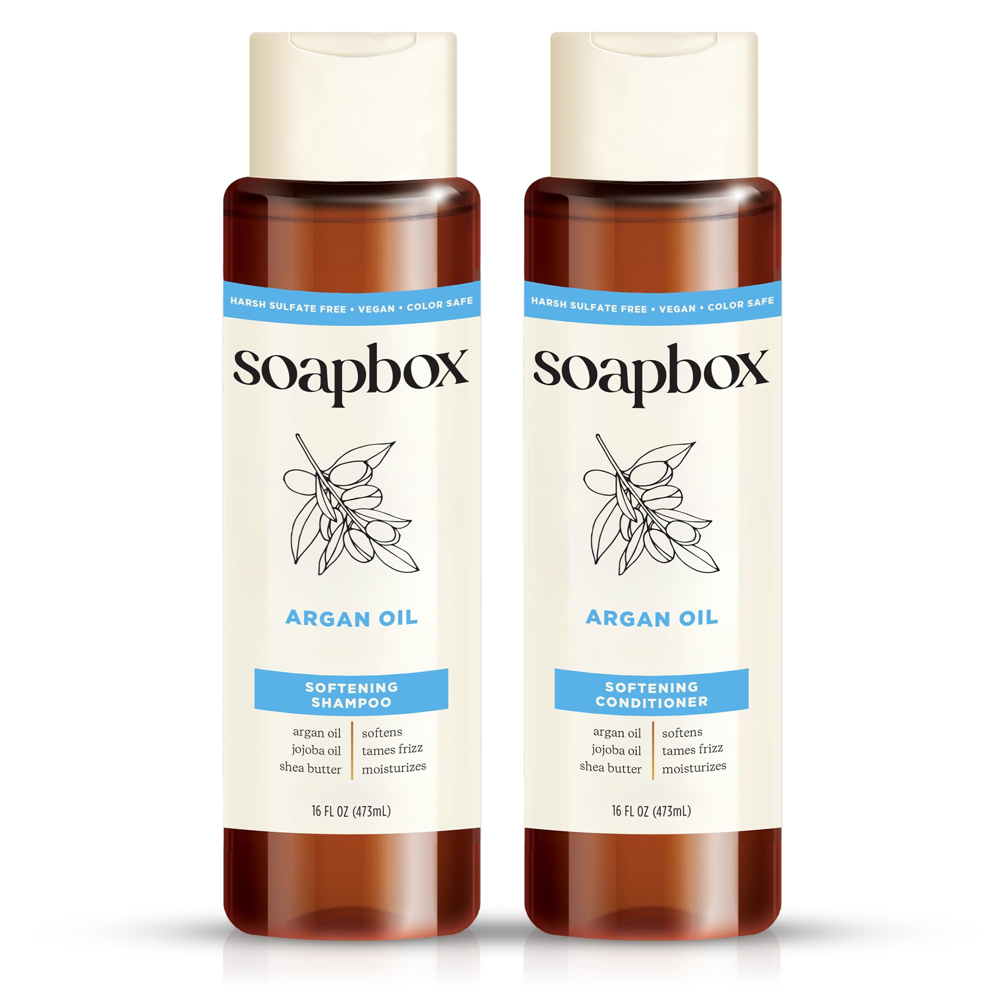 Soapbox Argan Shampoo bottle showcases frizz control and gentle cleansing for daily styling.