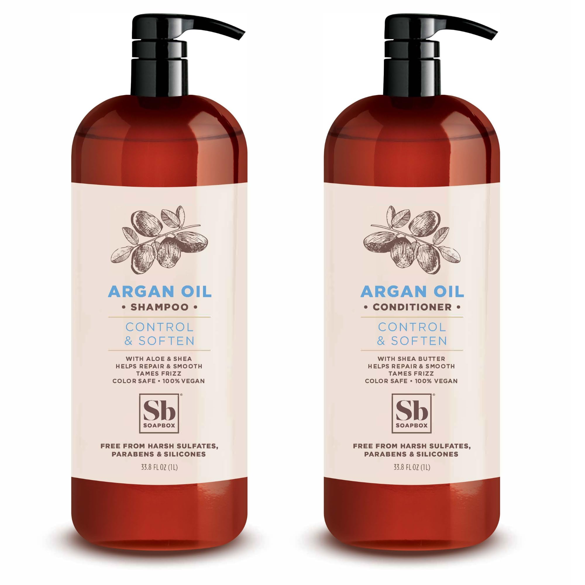 Soapbox Argan Shampoo bottle showcases frizz control and soft hair feel.