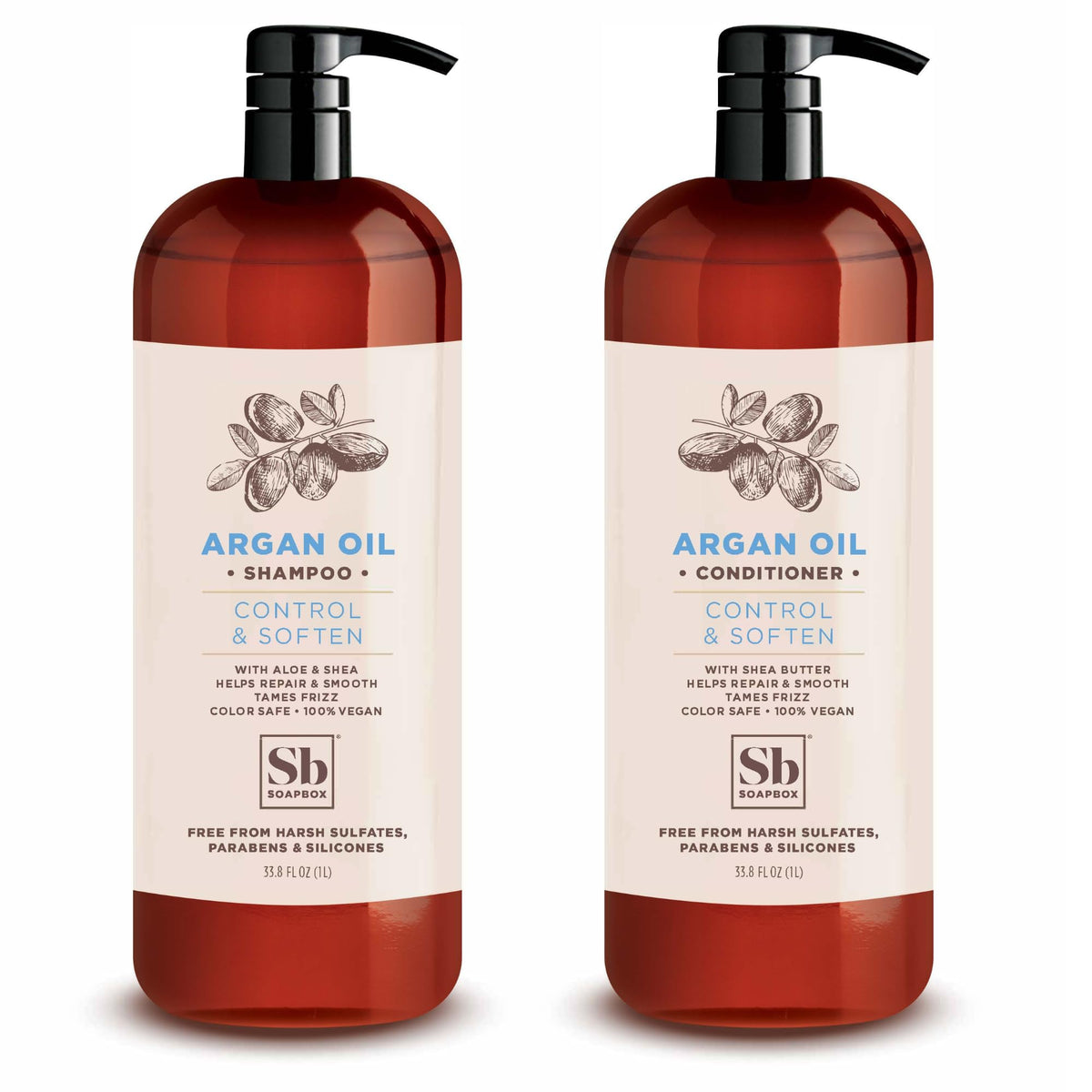 Soapbox Argan Shampoo bottle showcases frizz control and soft hair feel.