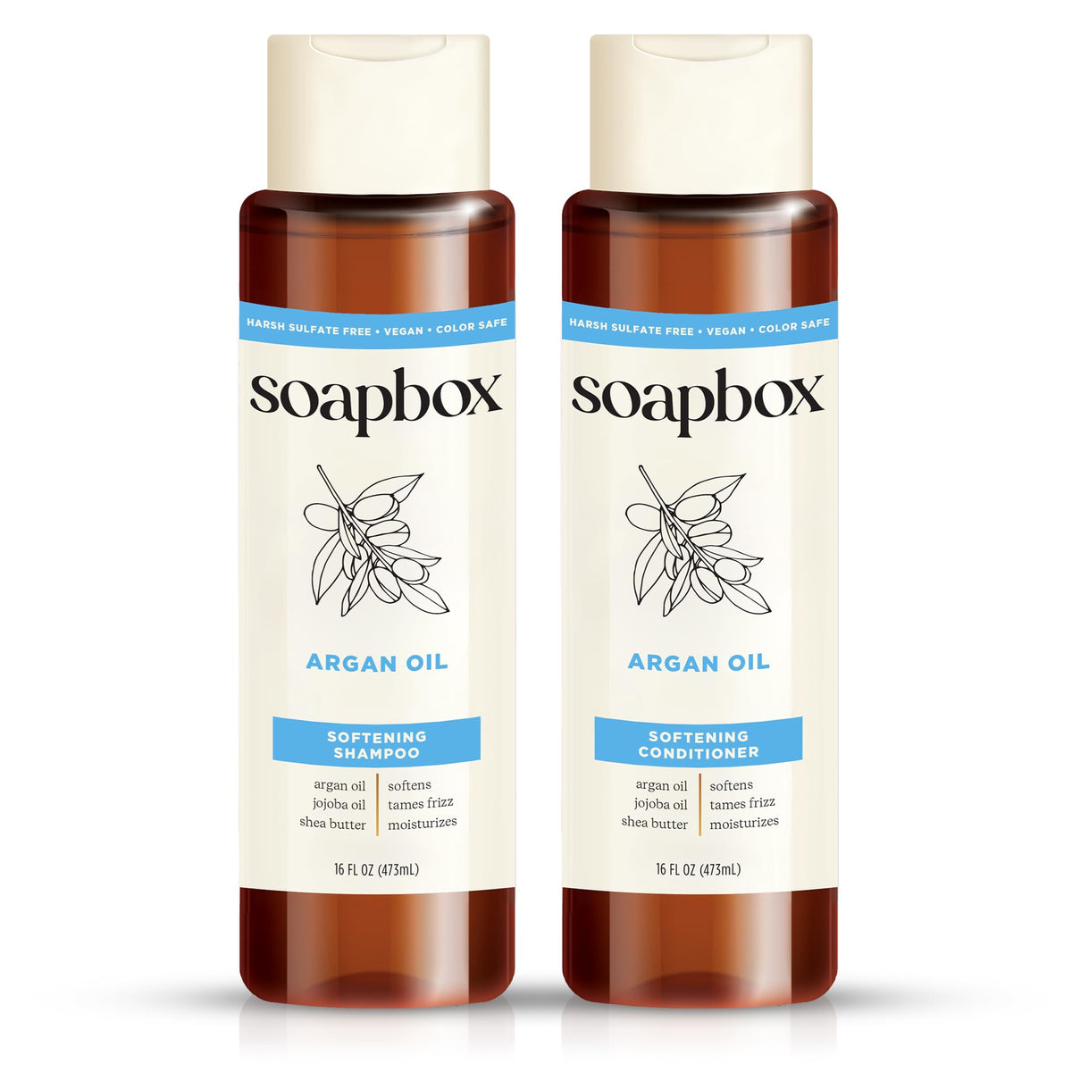 Soapbox Argan Shampoo bottle showcases frizz control and gentle cleansing for daily styling.