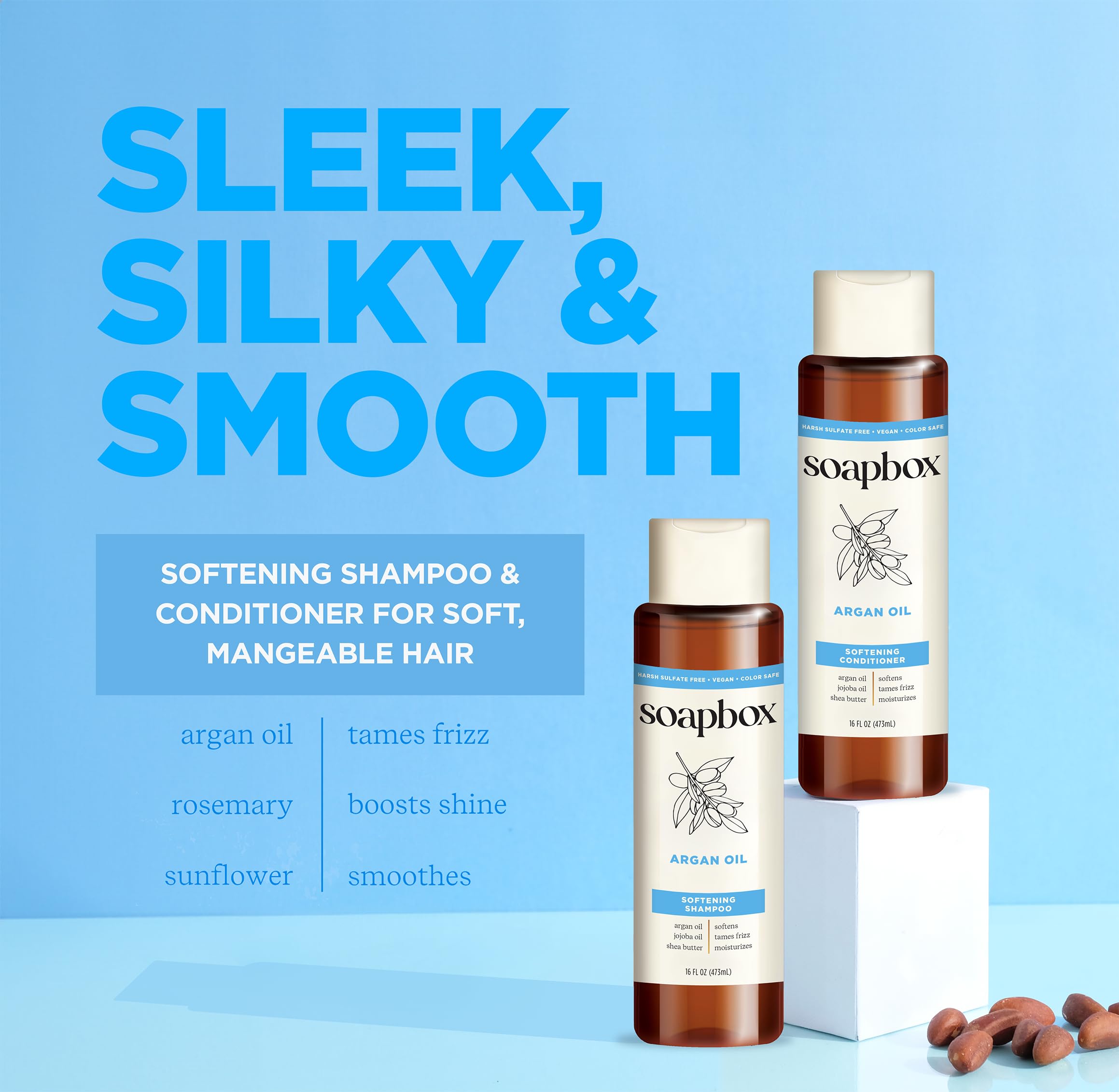 Soapbox Argan set packaging highlights vegan color-safe formula.