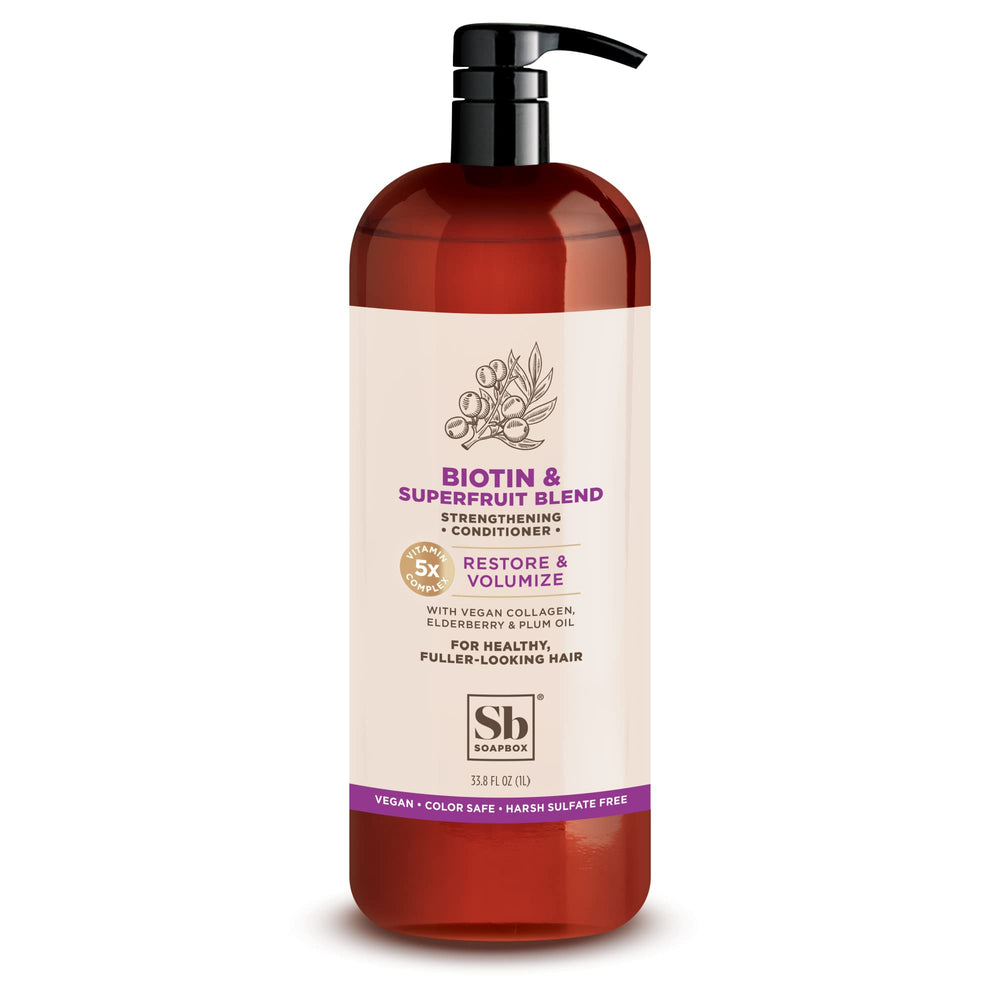 Soapbox Biotin & Collagen conditioner bottle promotes fuller, healthier-looking hair