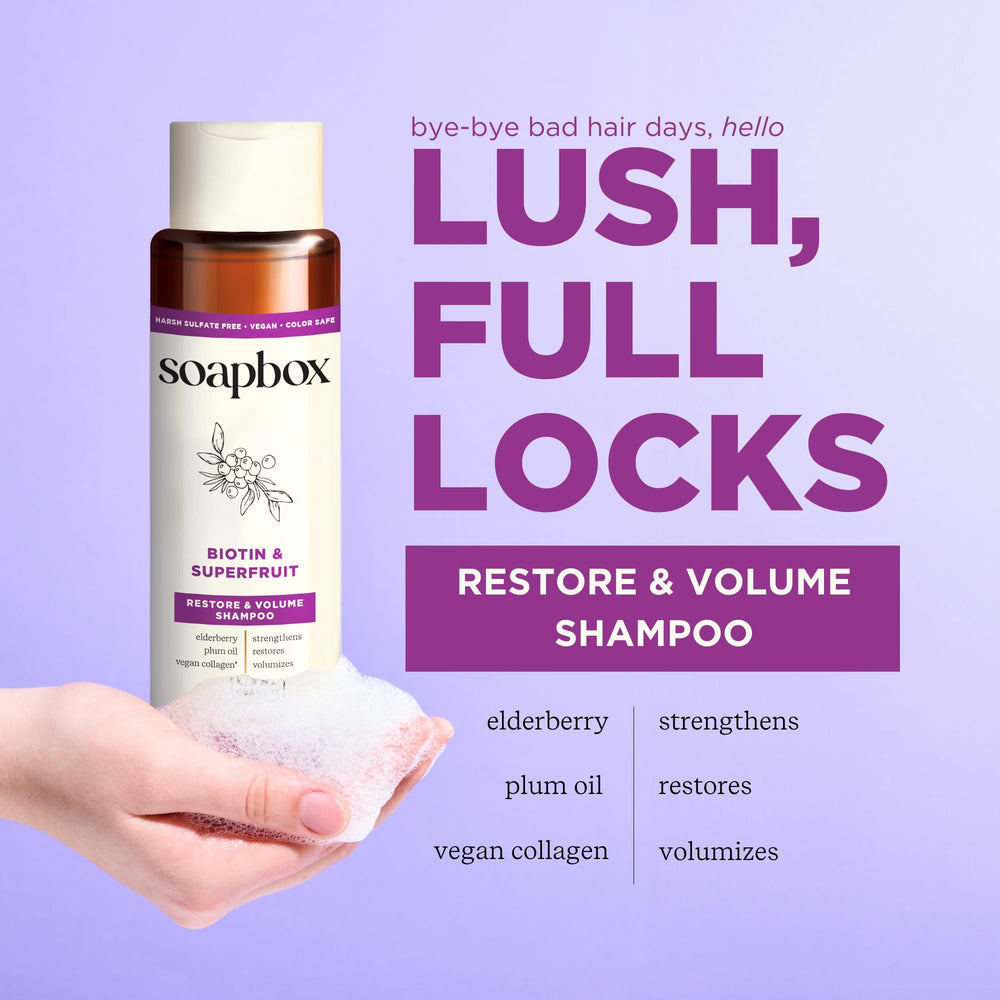Soapbox Biotin Shampoo ingredients elderberry and vitamin blend close-up