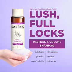 Soapbox Biotin Shampoo ingredients elderberry and vitamin blend close-up