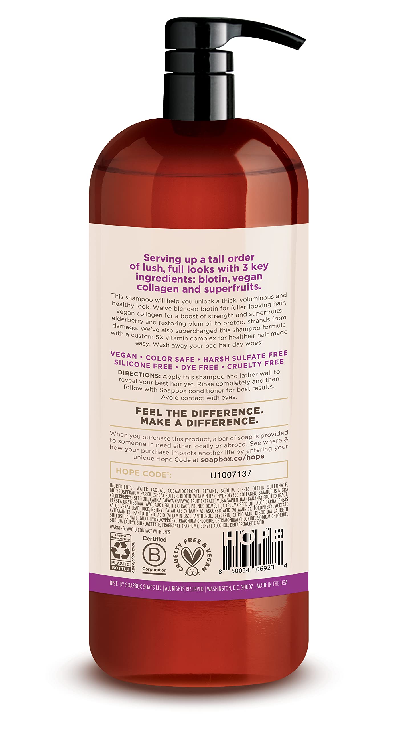 Soapbox Biotin Shampoo label close-up showing vegan collagen and elderberry ingredients