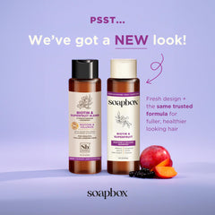 Soapbox Biotin & Superfruit Conditioner bottle highlighting soft, manageable hair