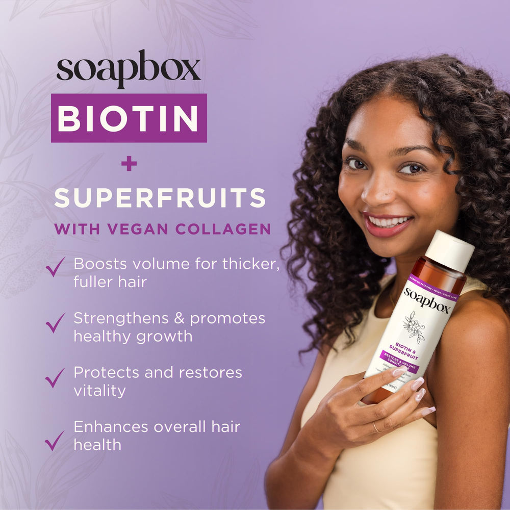Soapbox Biotin & Superfruit Conditioner label close-up emphasizing silicone-free and sulfate-free care