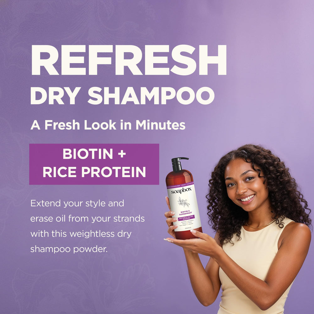 Soapbox Biotin & Superfruit Conditioner label close-up highlights nourishing plant actives.