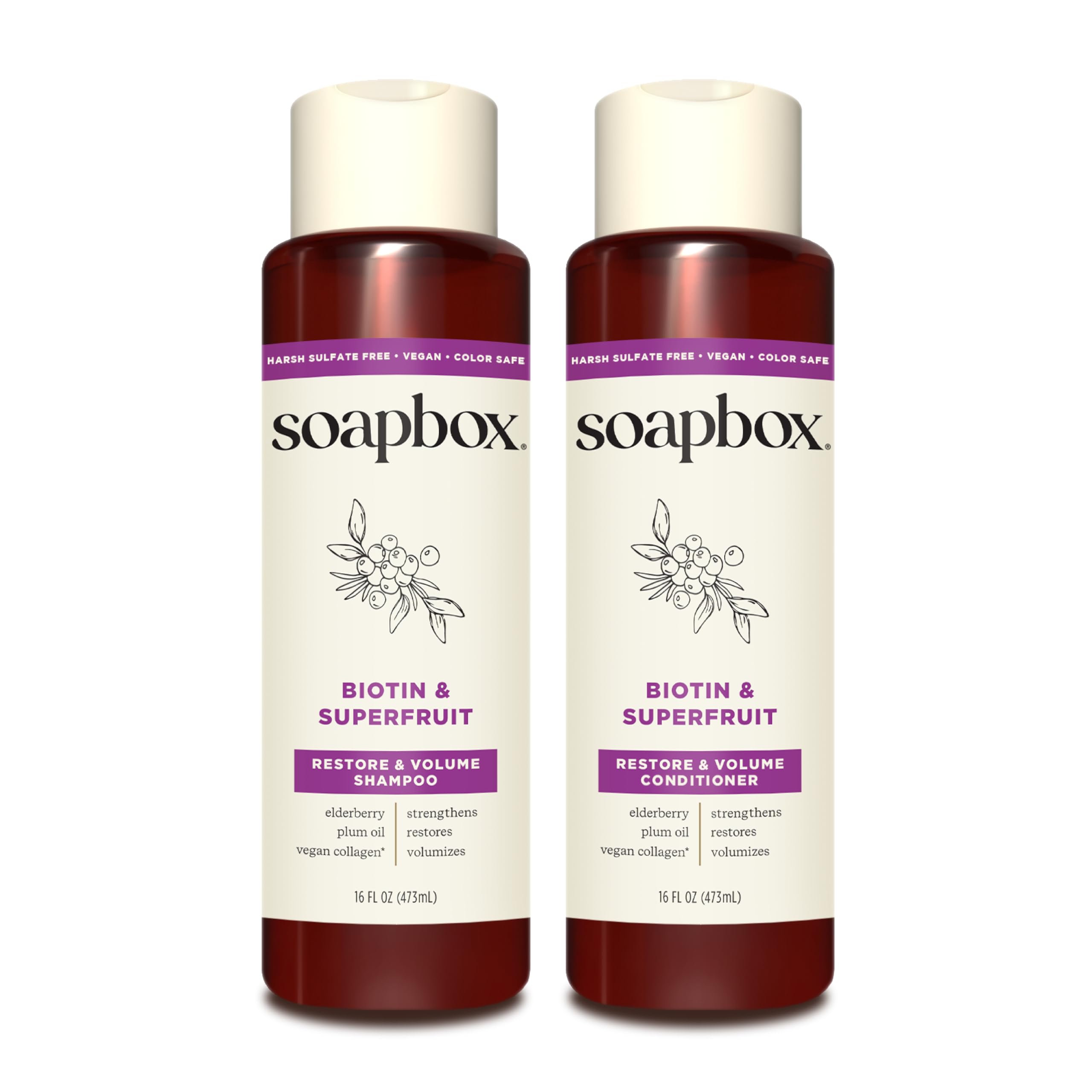 Soapbox Biotin & Superfruit Shampoo bottle with vegan formula for thicker-looking hair