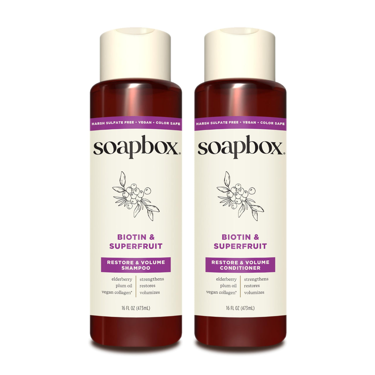 Soapbox Biotin & Superfruit Shampoo bottle with vegan formula for thicker-looking hair