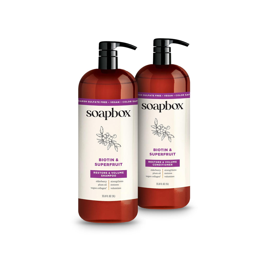 Soapbox Biotin & Superfruit Shampoo bottle showcases premium blend for fuller-looking hair.