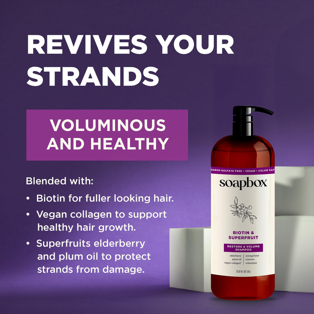 Soapbox Biotin & Superfruit Shampoo label close-up highlights biotin benefits.
