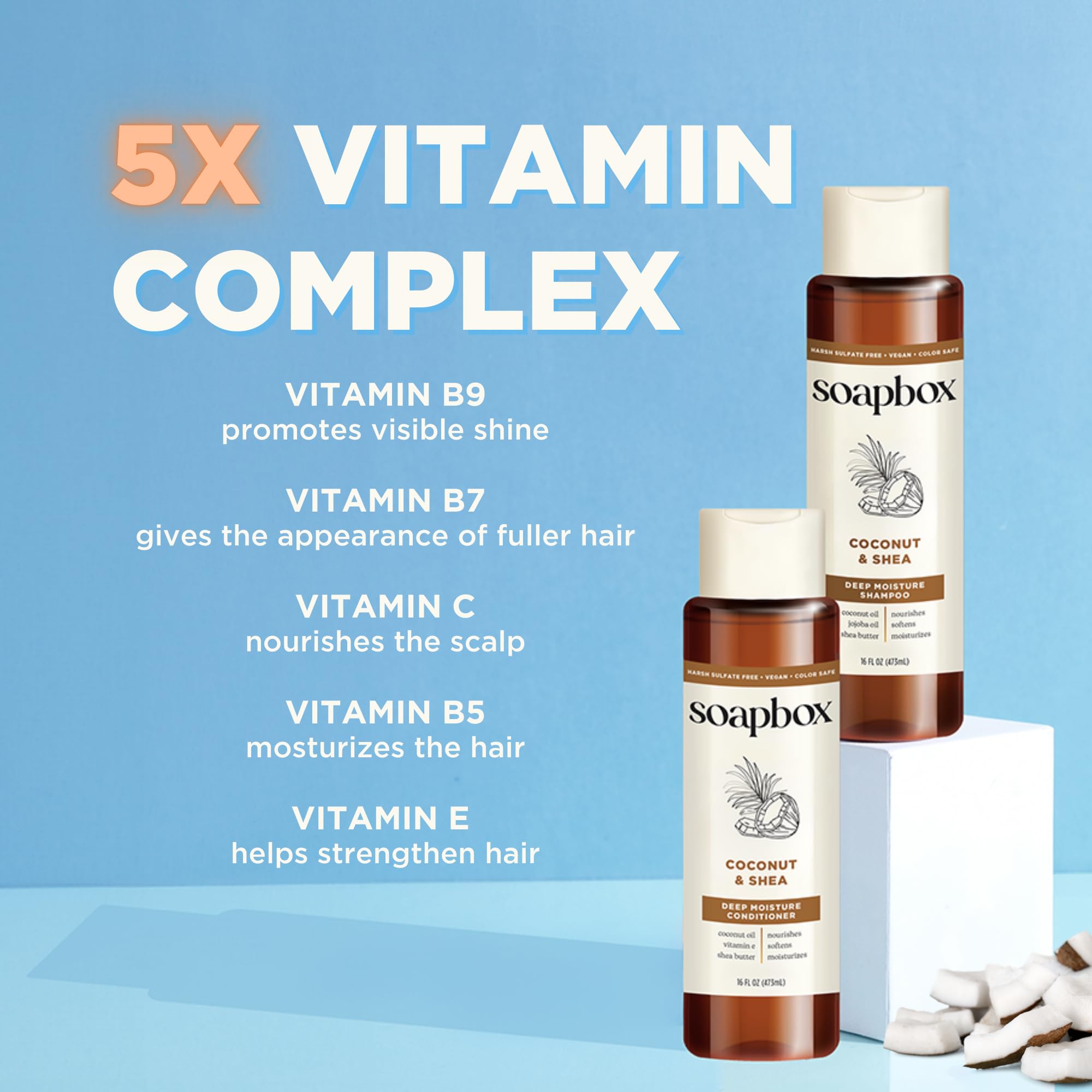 Soapbox Coconut Oil Conditioner color-safe claim on bottle for all hair types