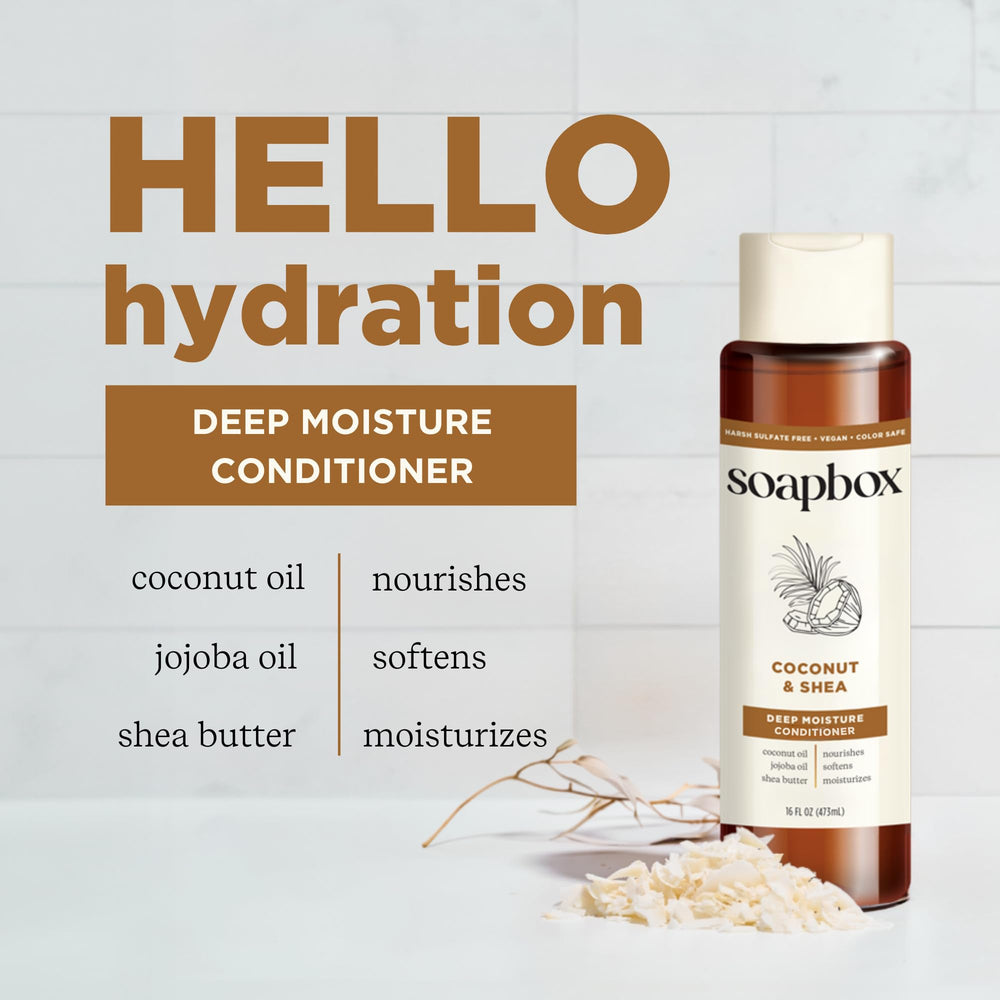 Soapbox Coconut Oil Conditioner rinse image shows lightweight non-greasy finish