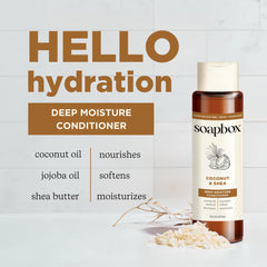 Soapbox Coconut Oil Conditioner rinse image shows lightweight non-greasy finish