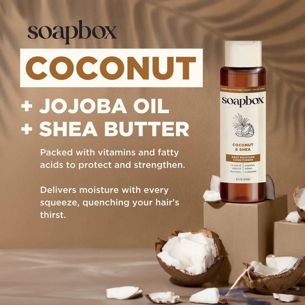 Soapbox Coconut Oil Conditioner vegan and cruelty-free emblem on packaging