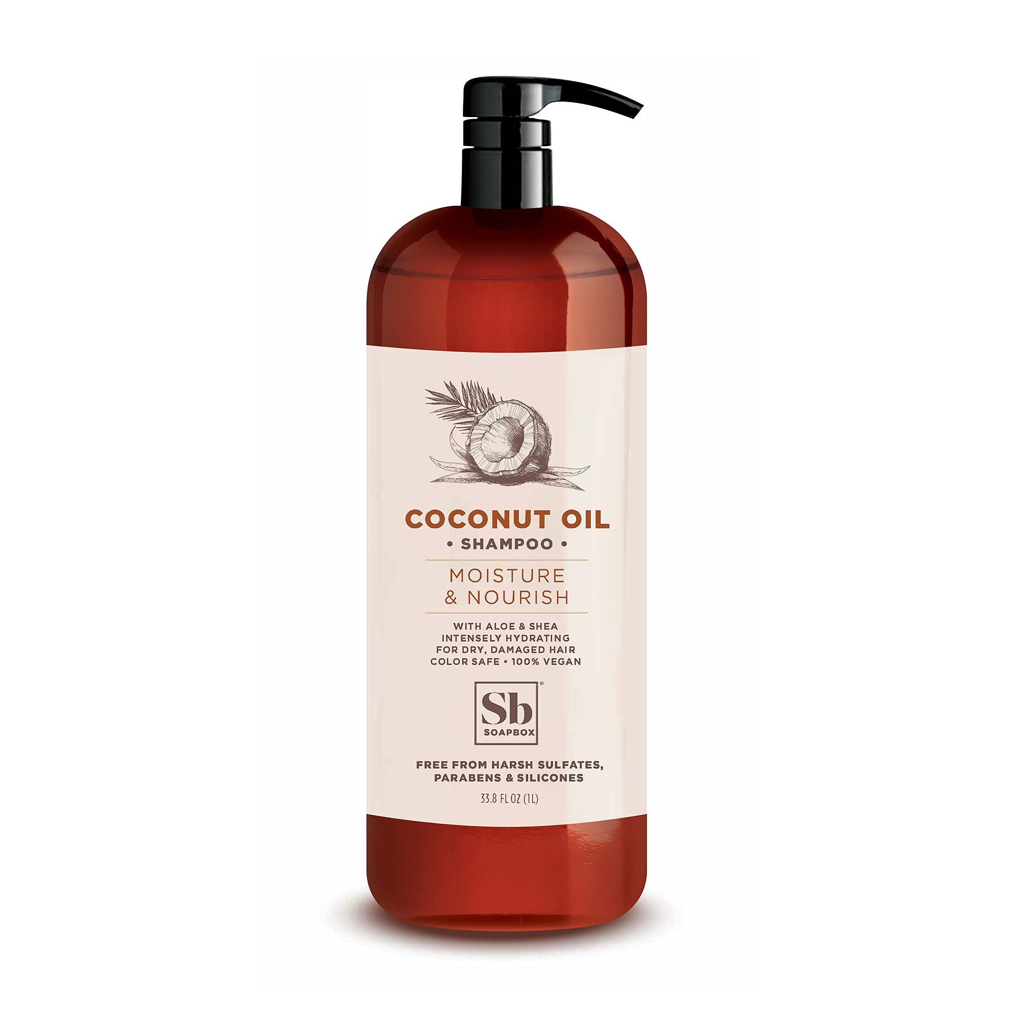Soapbox Coconut Oil Shampoo bottle front shows coconut rich moisture benefits