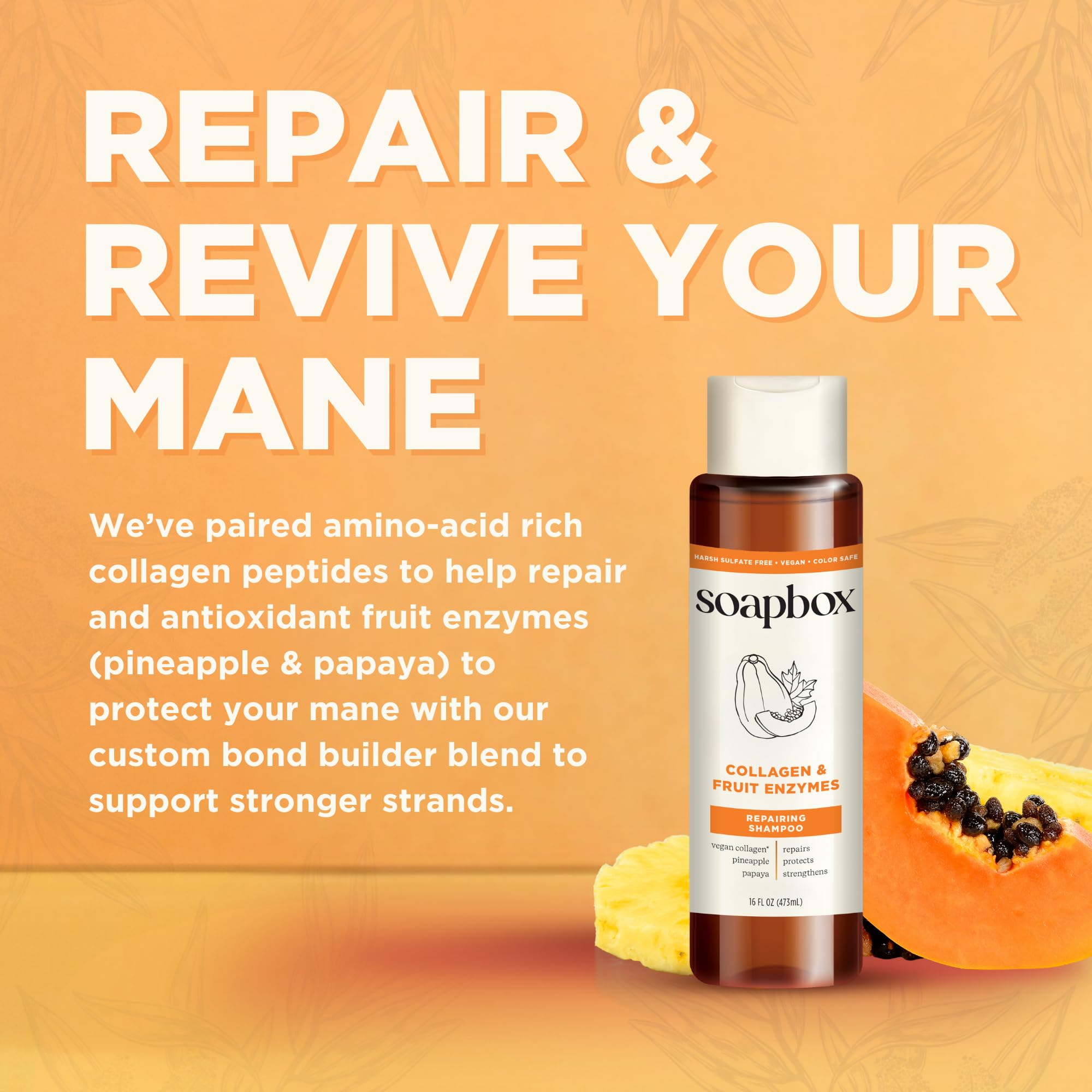 Soapbox Collagen Conditioner bond-builder blend shown during rinse for stronger, revived hair.