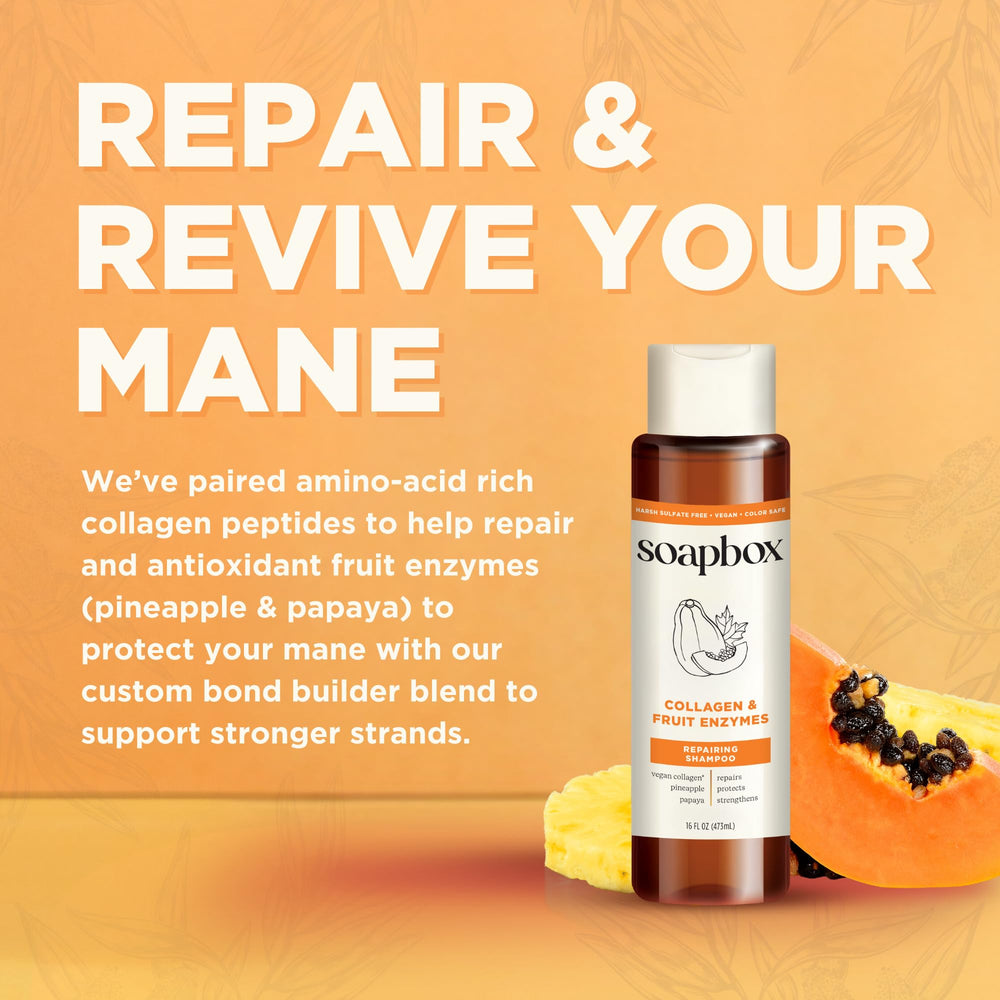 Soapbox Collagen Conditioner bond-builder blend shown during rinse for stronger, revived hair.