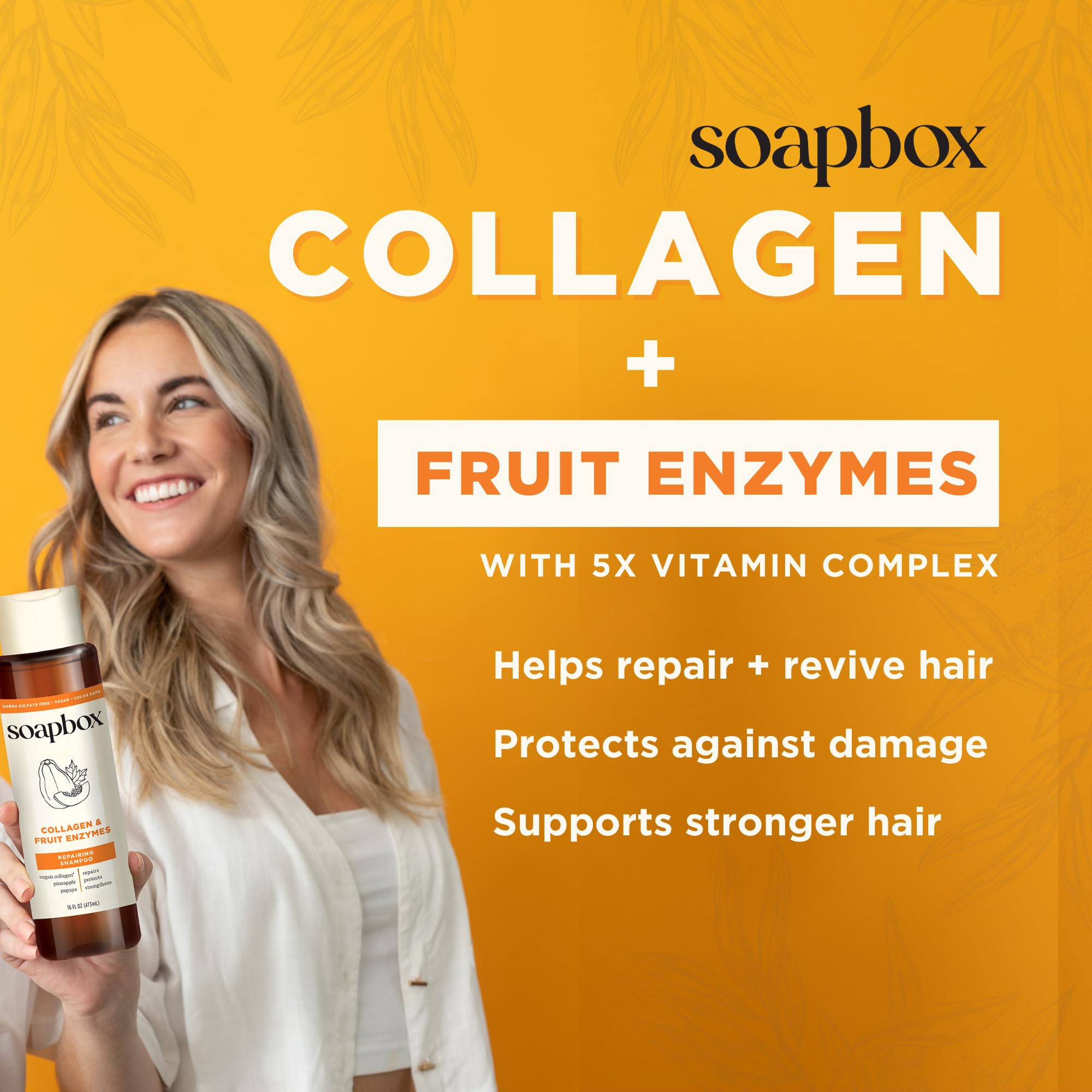 Soapbox collagen conditioner bottle closeup label emphasizes antioxidant enzymes for hair health