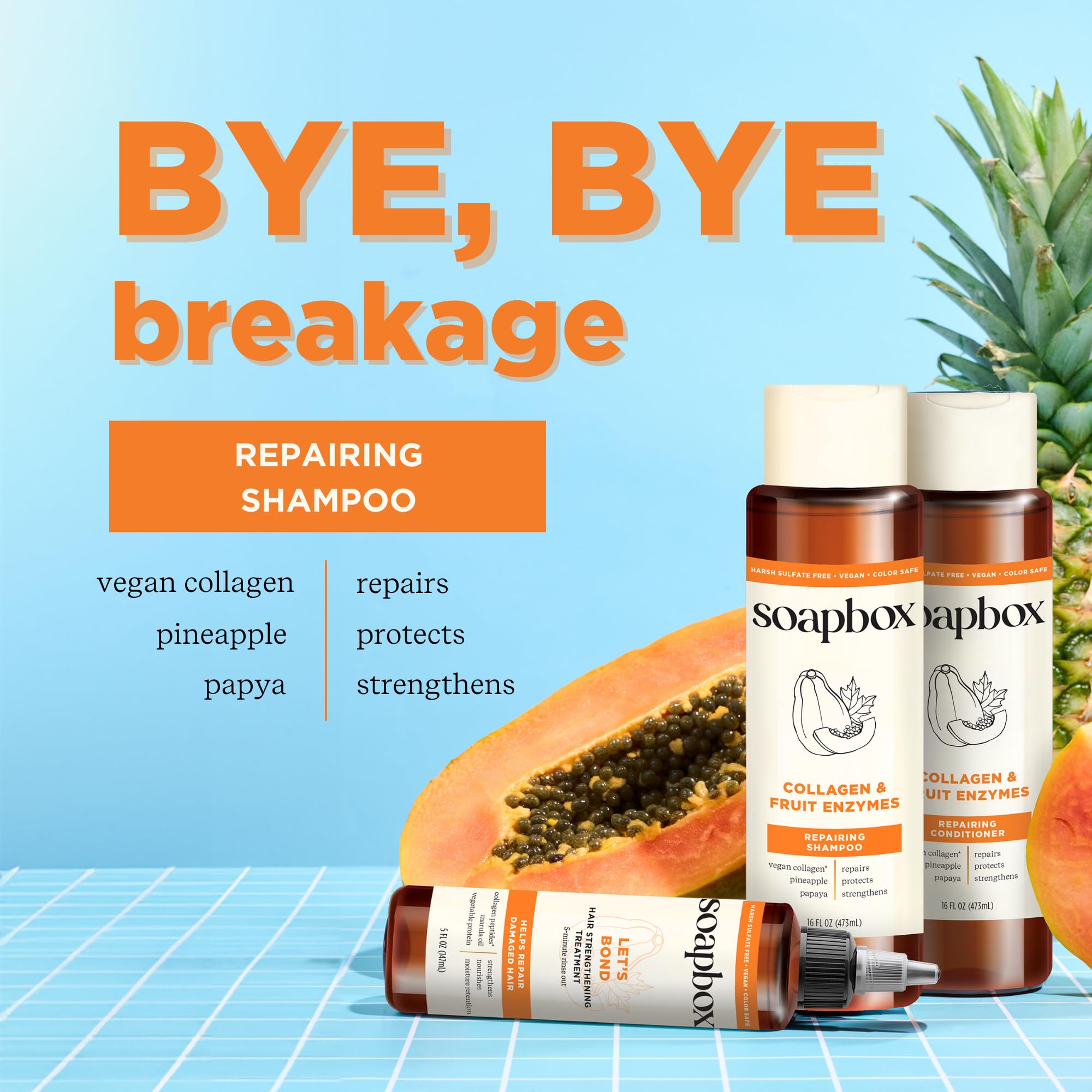 Soapbox Collagen Shampoo bottle closeup highlights bond strengthening during wash.