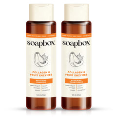Soapbox collagen shampoo bottle front showing strengthening formula for dry and fine hair