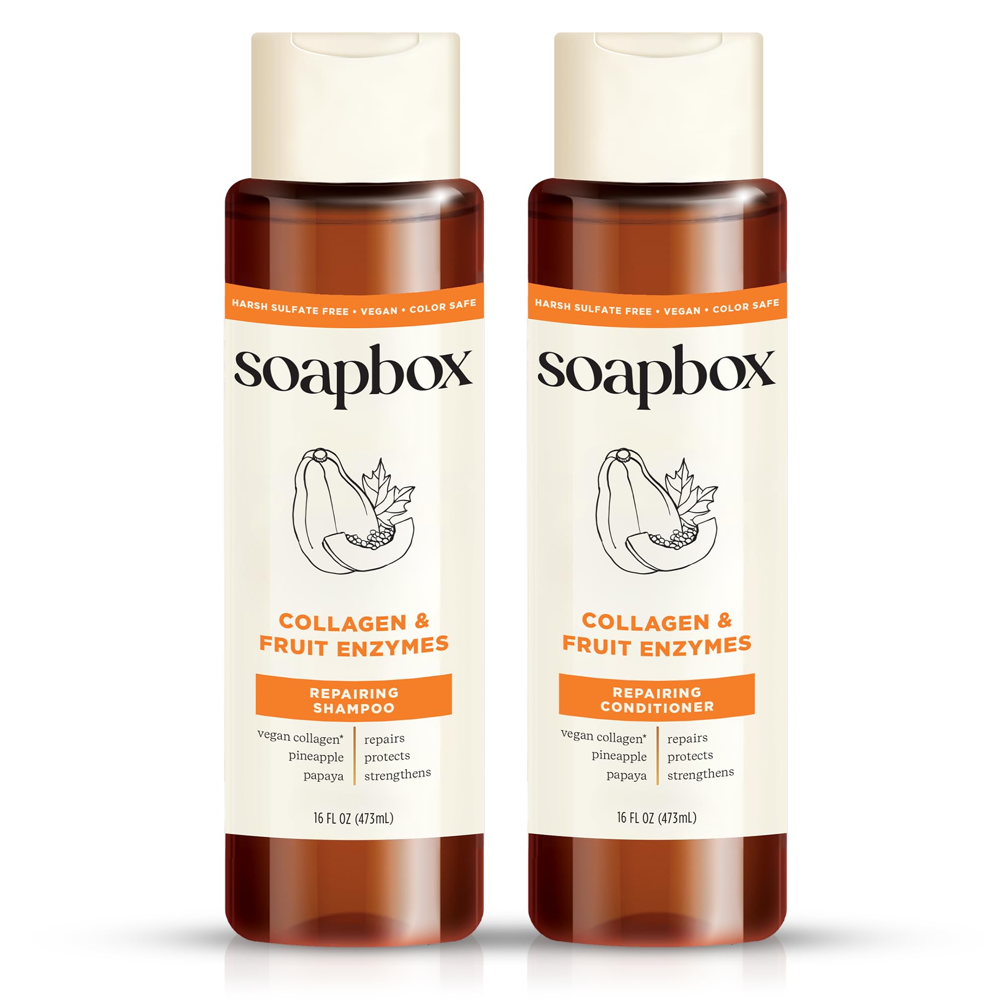 Soapbox Collagen Shampoo bottle pour demonstrates gentle cleansing for dry, fine hair.