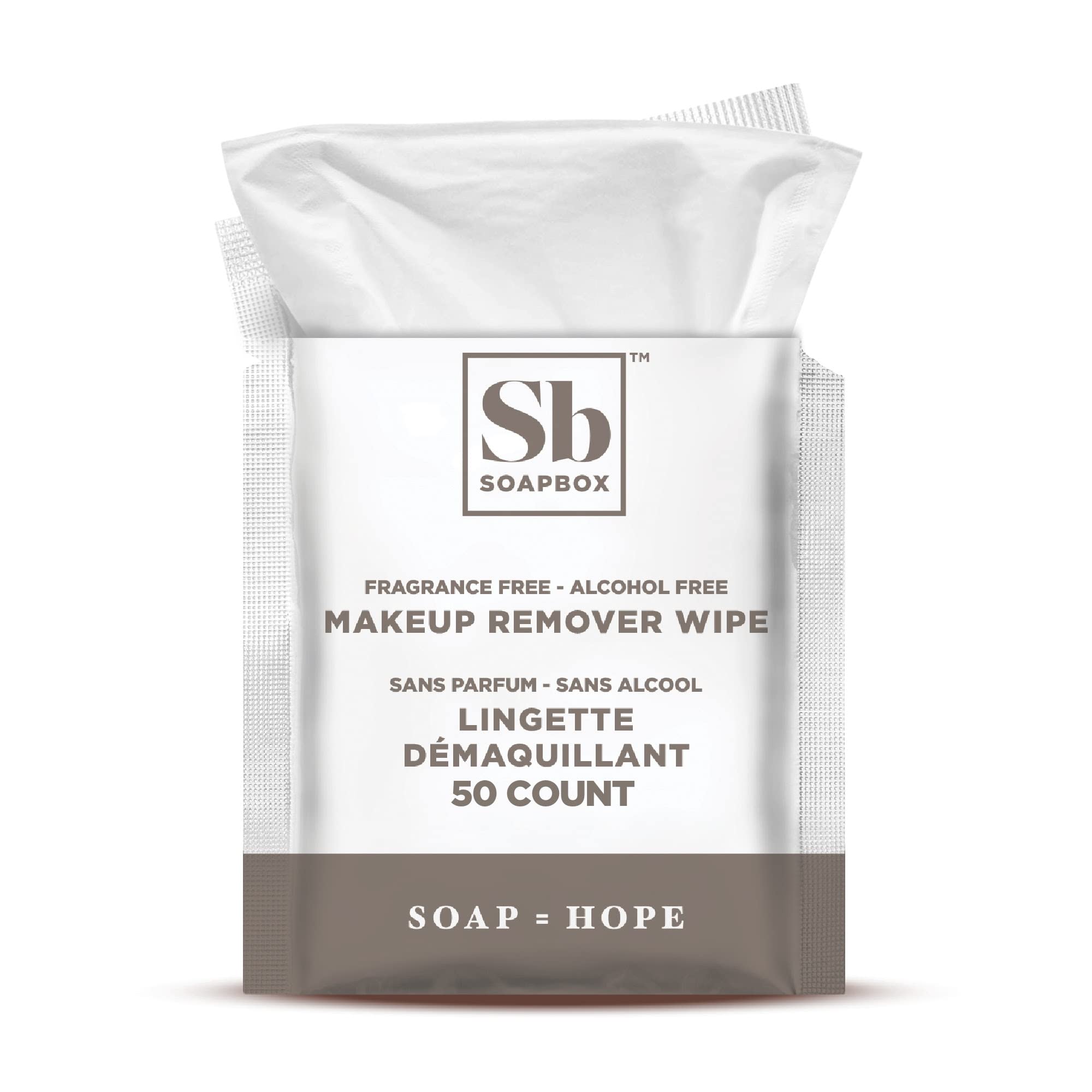 Soapbox fragrance-free makeup remover wipes packaging front showing gentle alcohol-free cleansing