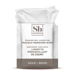 Soapbox fragrance-free makeup remover wipes packaging front showing gentle alcohol-free cleansing