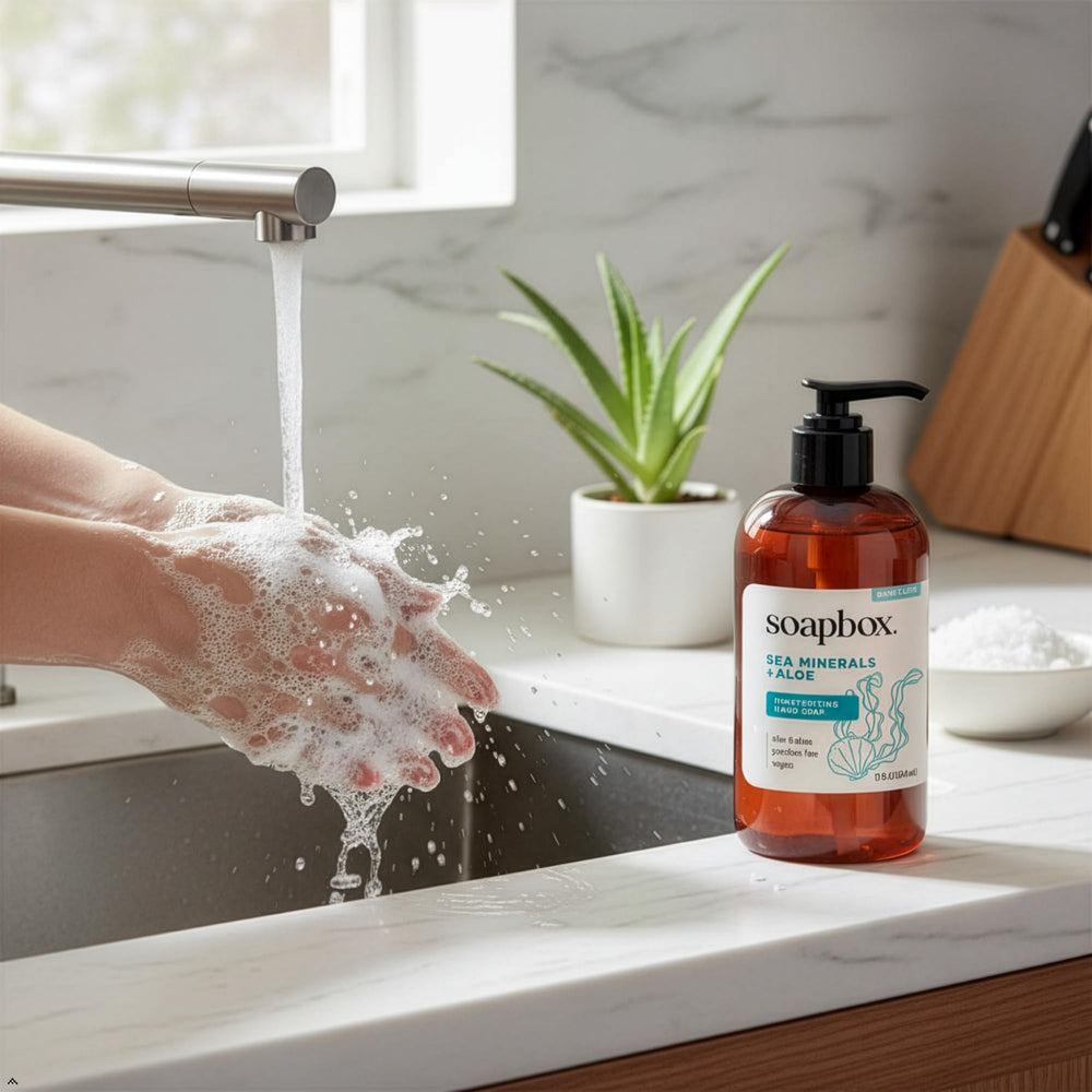 Soapbox liquid hand soap bottle on sink demonstrates everyday luxury.