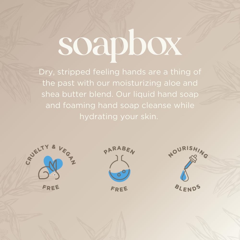 Soapbox liquid hand soap packaging suggests gift-ready trio for homes.