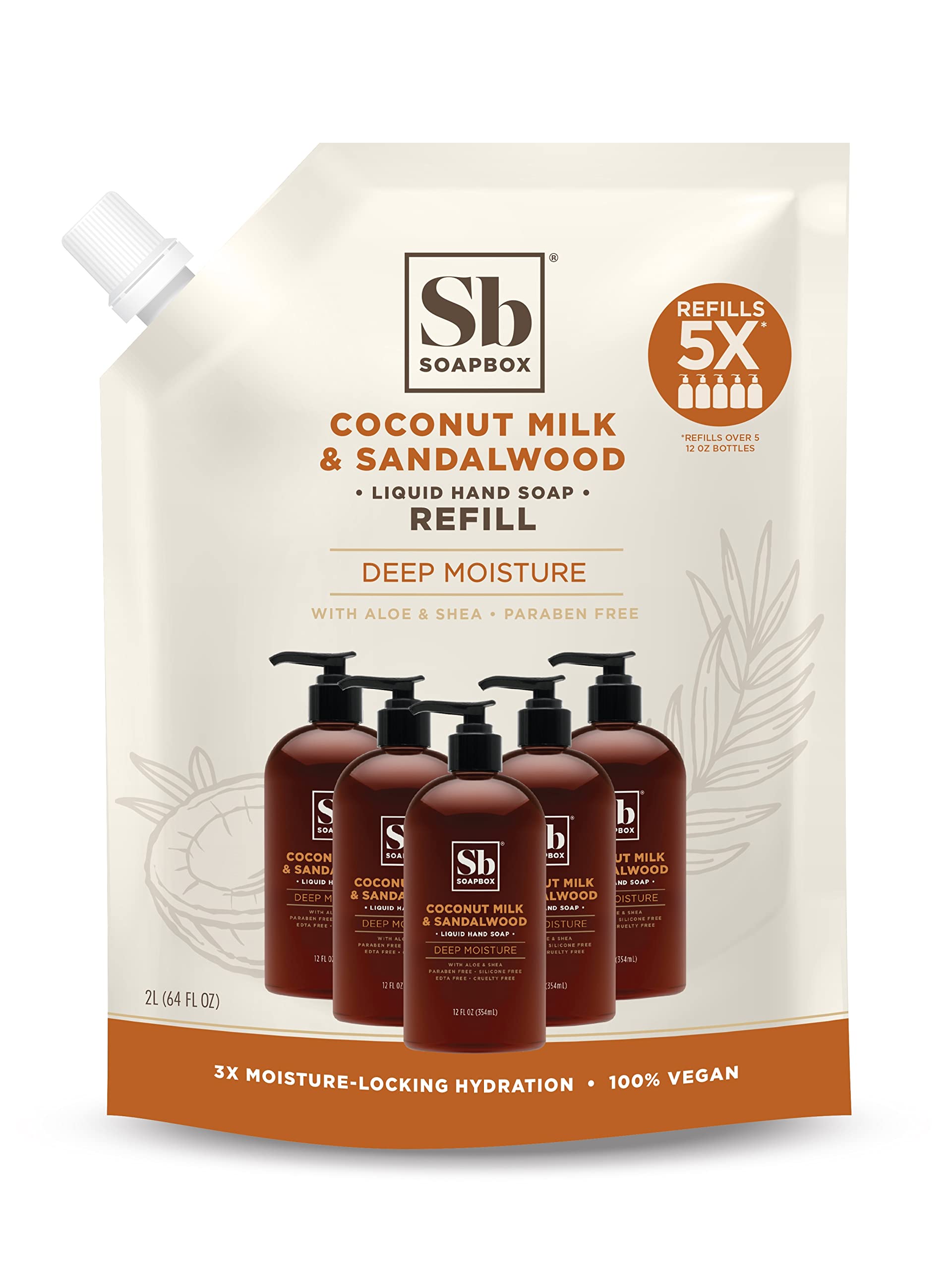 Soapbox Coconut Milk & Sandalwood refill bottle shows moisturizing hand wash for daily use