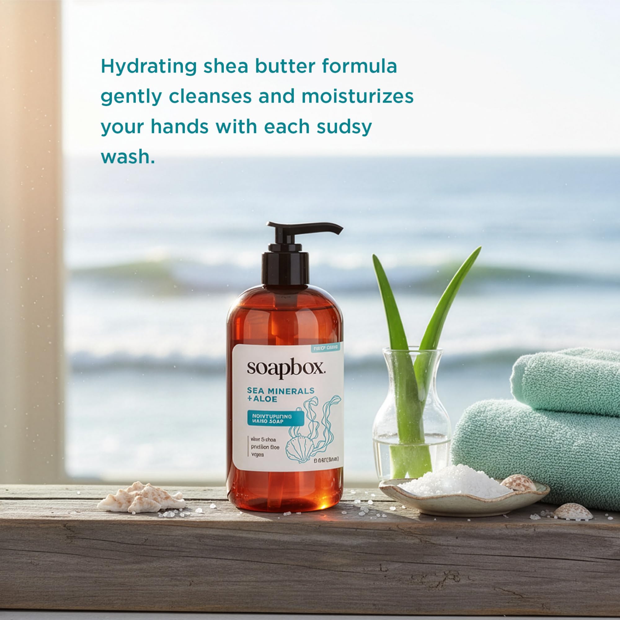 Soapbox sea minerals iris label highlights vegan and cruelty-free formulation.