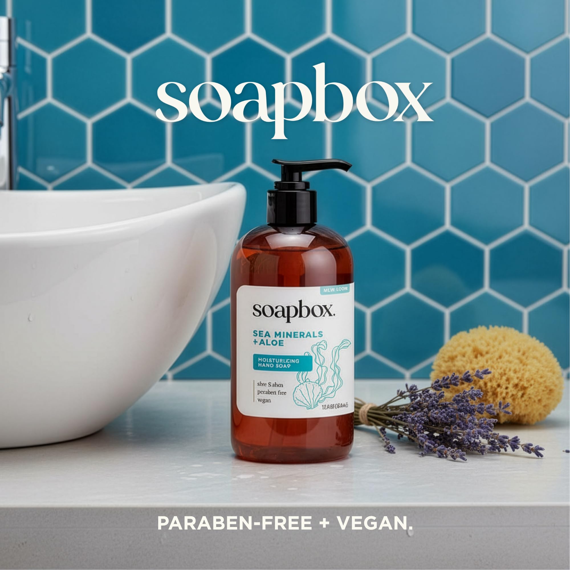 Soapbox sea minerals iris elements appear on bottle with natural hydration cues.