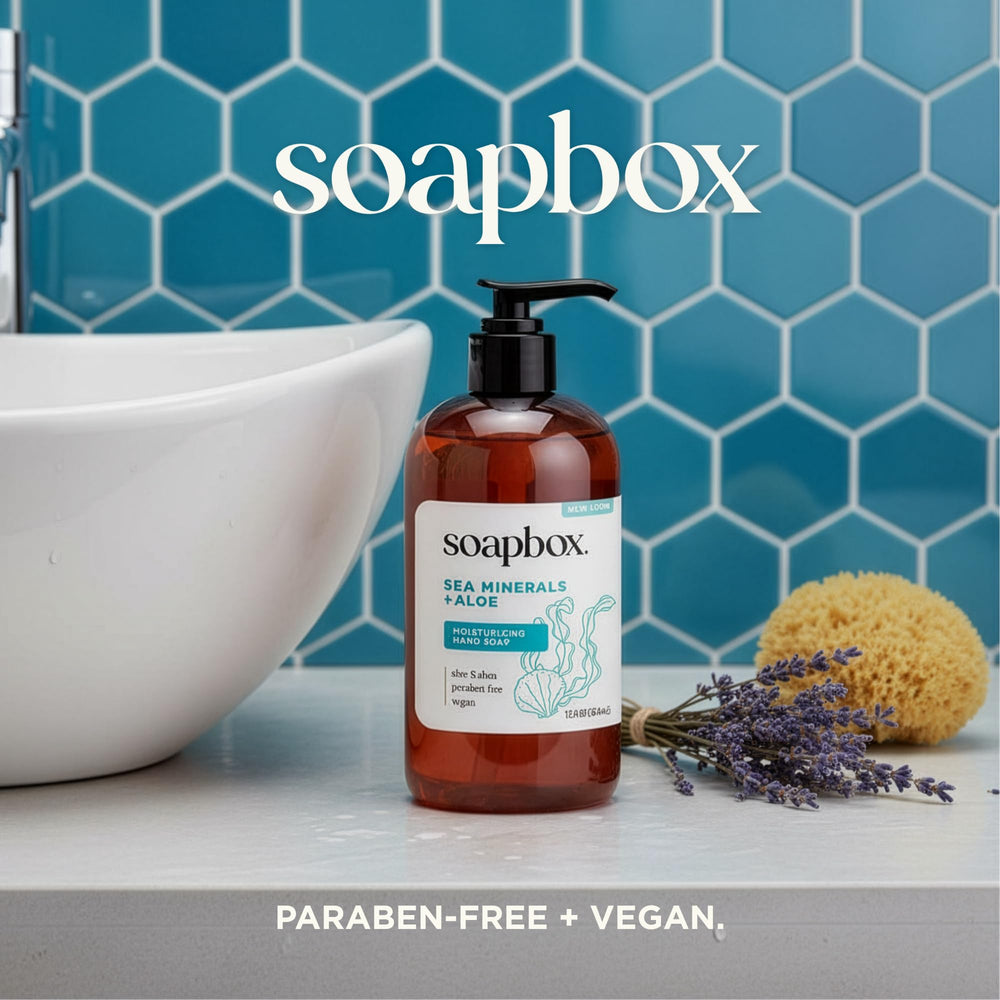 Soapbox sea minerals iris elements appear on bottle with natural hydration cues.