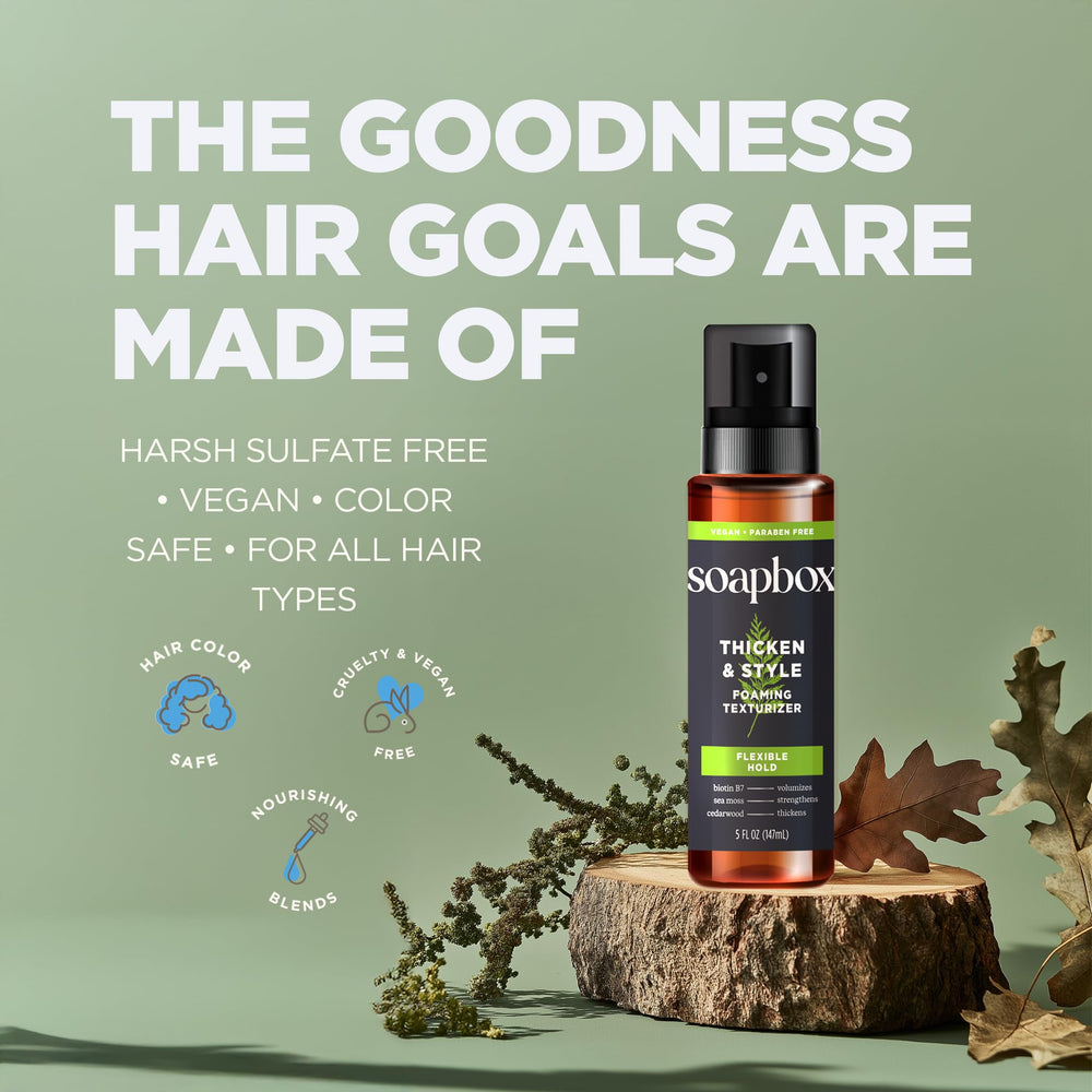 Soapbox Men's Thicken & Style foam on hair after styling for natural finish